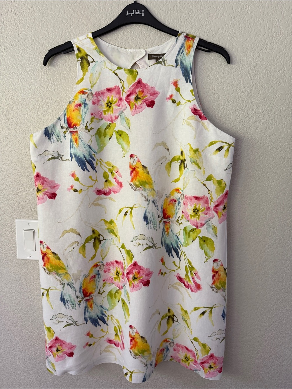 Tommy Bahama White Midi Linen Dress with Pink Floral & Green Parrot Print